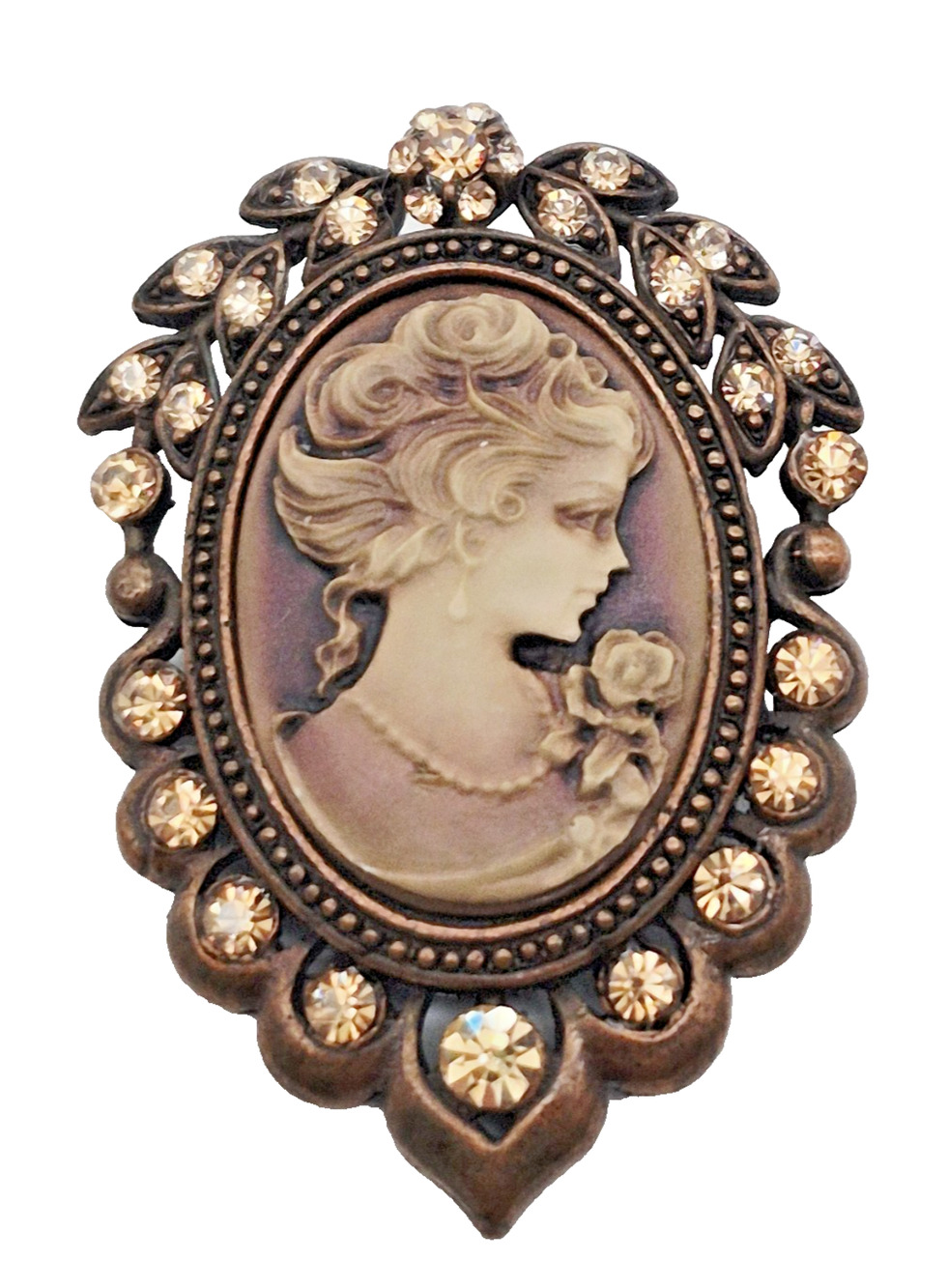 Vintage Signed BJ Victorian Revival Cameo Brooch Rhinestone Woman Rose Pin